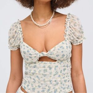 $169 NWT Blue For Love And Lemons “Chateau” Puff Sleeve Blouse Sz XXS